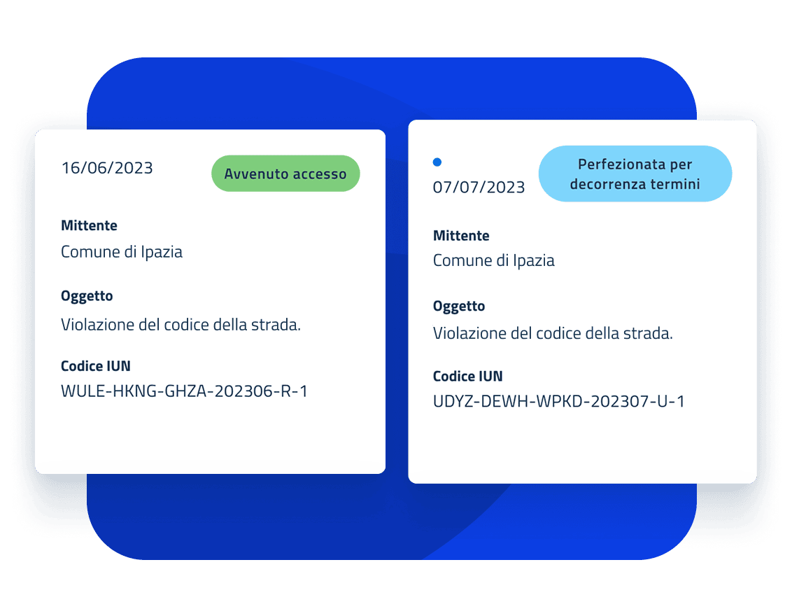 Dettaglio di due notifiche digitali riguardanti violazioni del codice della strada, complete di mittente, stato di perfezionamento e codice IUN identificativo.